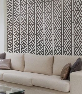 Kathy Peterson Inspired brown accent wall living room Lattice-stencils