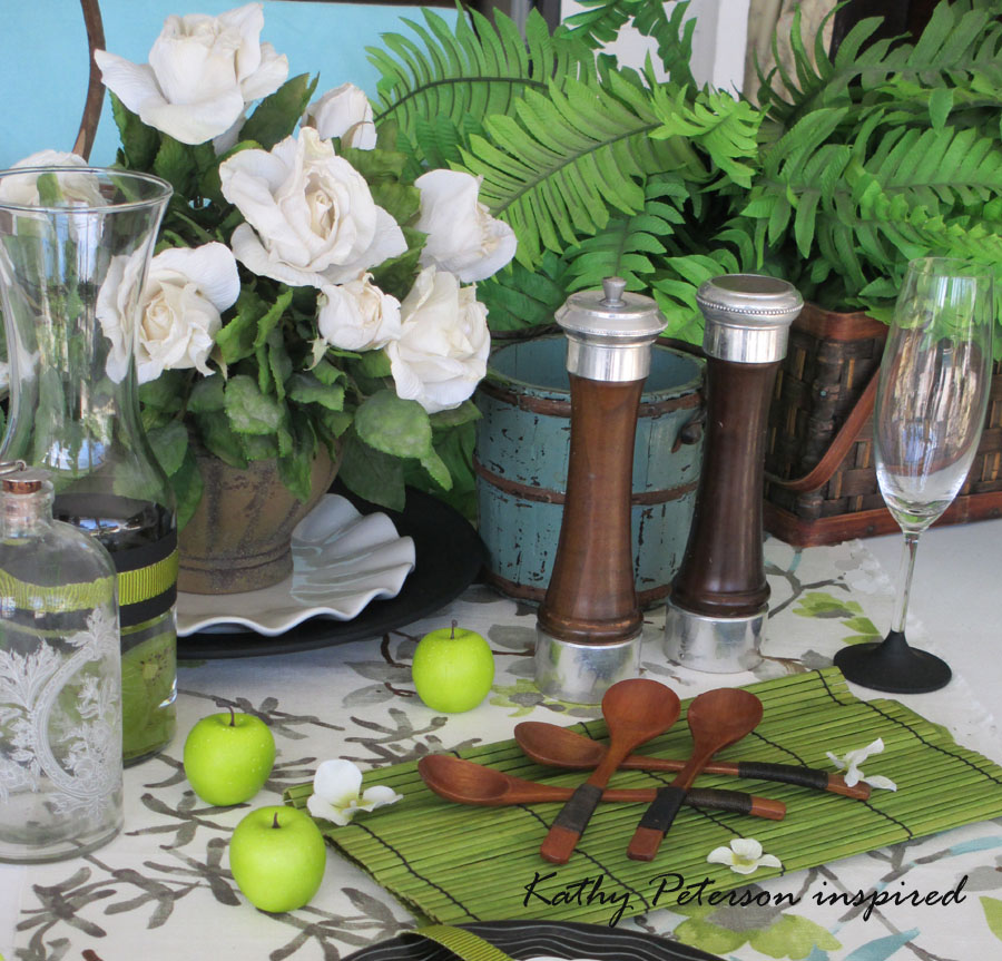 Kathy Peterson inspired Green Black and BLue tablescape CU